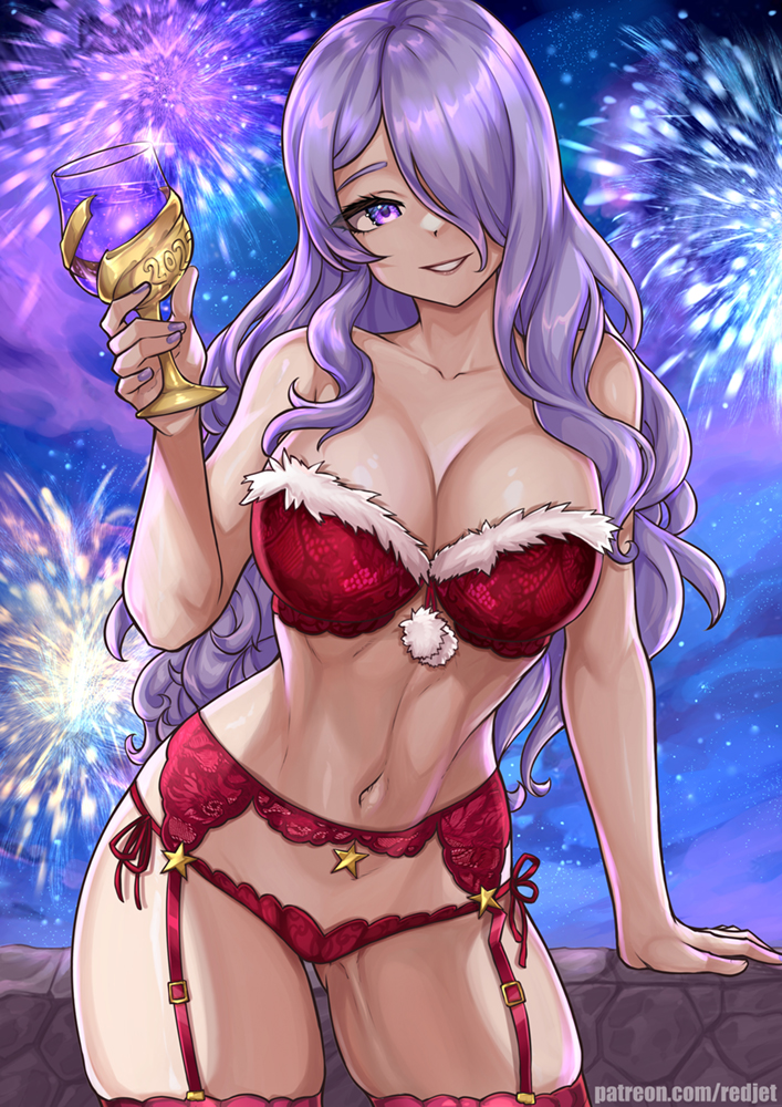 1girl alluring big_breasts camilla_(fire_emblem) christmas cleavage female_only fire_emblem fire_emblem_fates fireworks fur fur_trim garter_belt glass hair_over_one_eye intelligent_systems lingerie long_hair looking_at_viewer new_year nintendo panties purple_eyes purple_hair red_lingerie red_panties redjet smile standing underwear