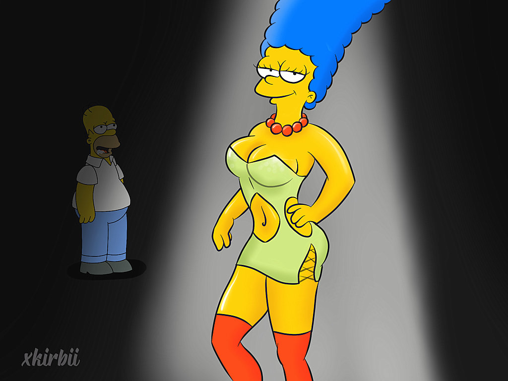 breasts hand_on_hip homer_simpson marge_simpson minidress smile stockings the_simpsons thighs