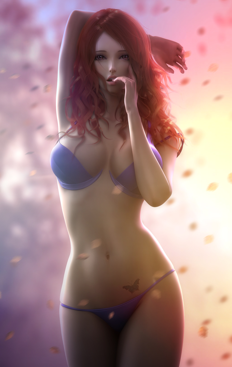 1girl biting bra butterfly cleavage clothed finger_biting hand_behind_head lingerie looking_at_viewer moon_hyunsoo panties red_hair standing tattoo