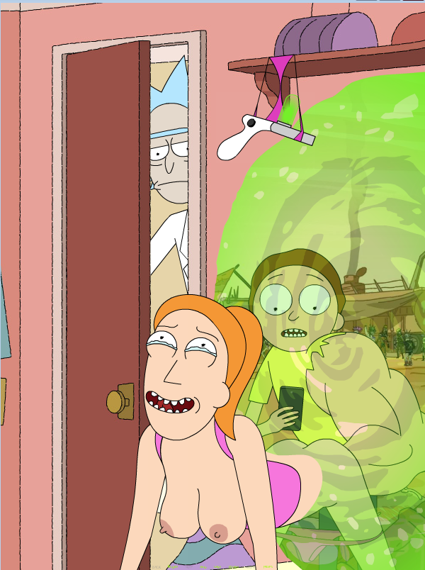 1girl bent_over fisting inkalicious morty_smith muscular nipples open_mouth ponytail rick_and_morty spy summer_smith voyeur