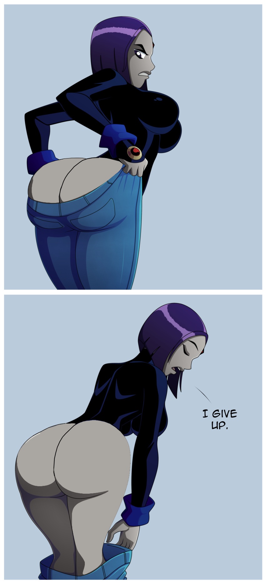 1girl 1girl absurd_res ass big_ass big_breasts big_breasts big_breasts blue_background breasts cleavage closed_eyes color colored curvy dat_ass dc_comics dc_comics dialogue edit english_text female_only high_res huge_ass human jeans large_ass not_furry open_mouth purple_eyes purple_hair raven_(dc) ravenravenraven teen_titans teeth tongue uncensored voluptuous