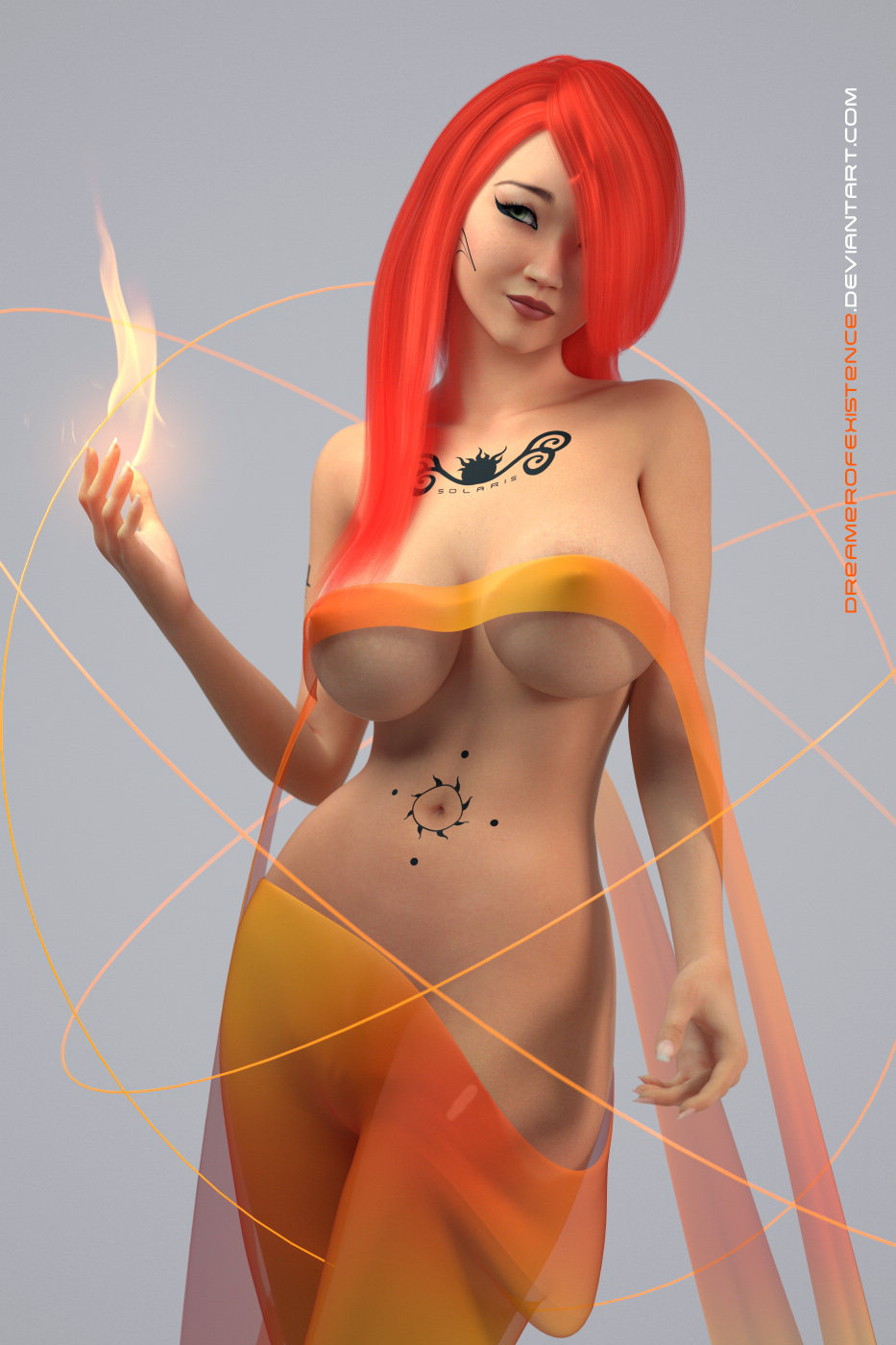 1girl 3d big_breasts clothes clothing dreamerofexistence fire looking_up nails nipples red_hair see-through standing tattoo