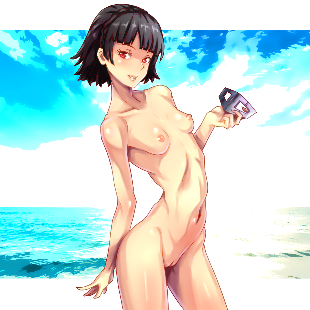 1:1_aspect_ratio 1_girl 1girl arched_back bangs black_hair blunt_bangs breasts clavicle completely_nude groin hips looking_at_viewer makoto_niijima mask nike_(0306) nipples nude paipan persona persona_5 pussy red_eyes short_hair slender_waist small_breasts smile uncensored