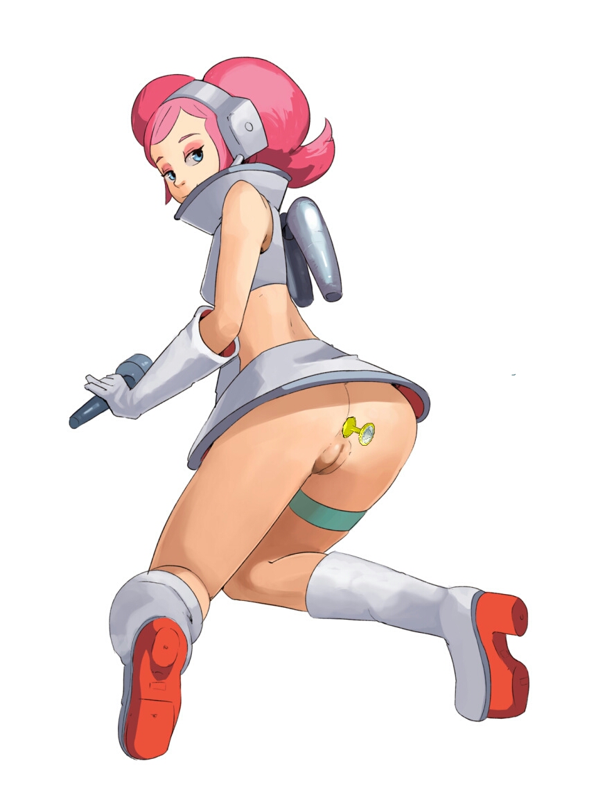 blue_eyes butt_plug looking_back pink_hair pussy sega space_channel_5 ulala white_background