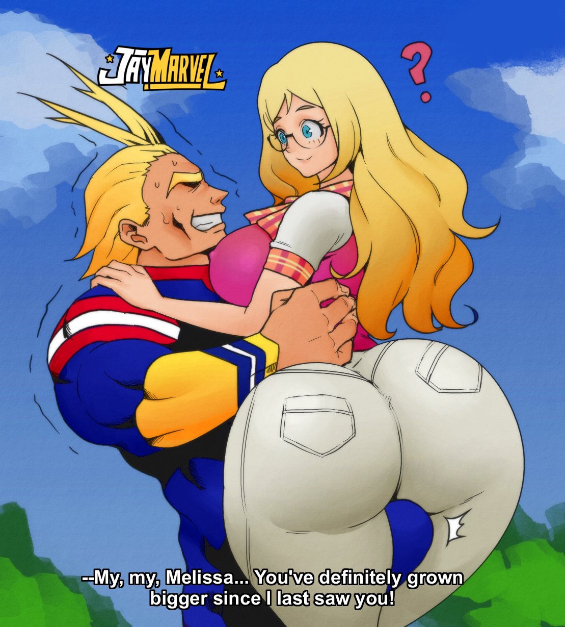 1boy 1girl 2021 ? all_might ass big_breasts blonde_hair blue_eyes boku_no_hero_academia breasts bubble_ass bubble_butt carrying confusion erect_nipples female glasses hero_outfit_(mha) high_resolution huge_ass jay-marvel jeans long_hair looking_at_another male male/female melissa_shield my_hero_academia oblivious older_man_and_younger_girl penis_between_legs penis_between_thighs shy sideboob sweater text toshinori_yagi yagi_toshinori
