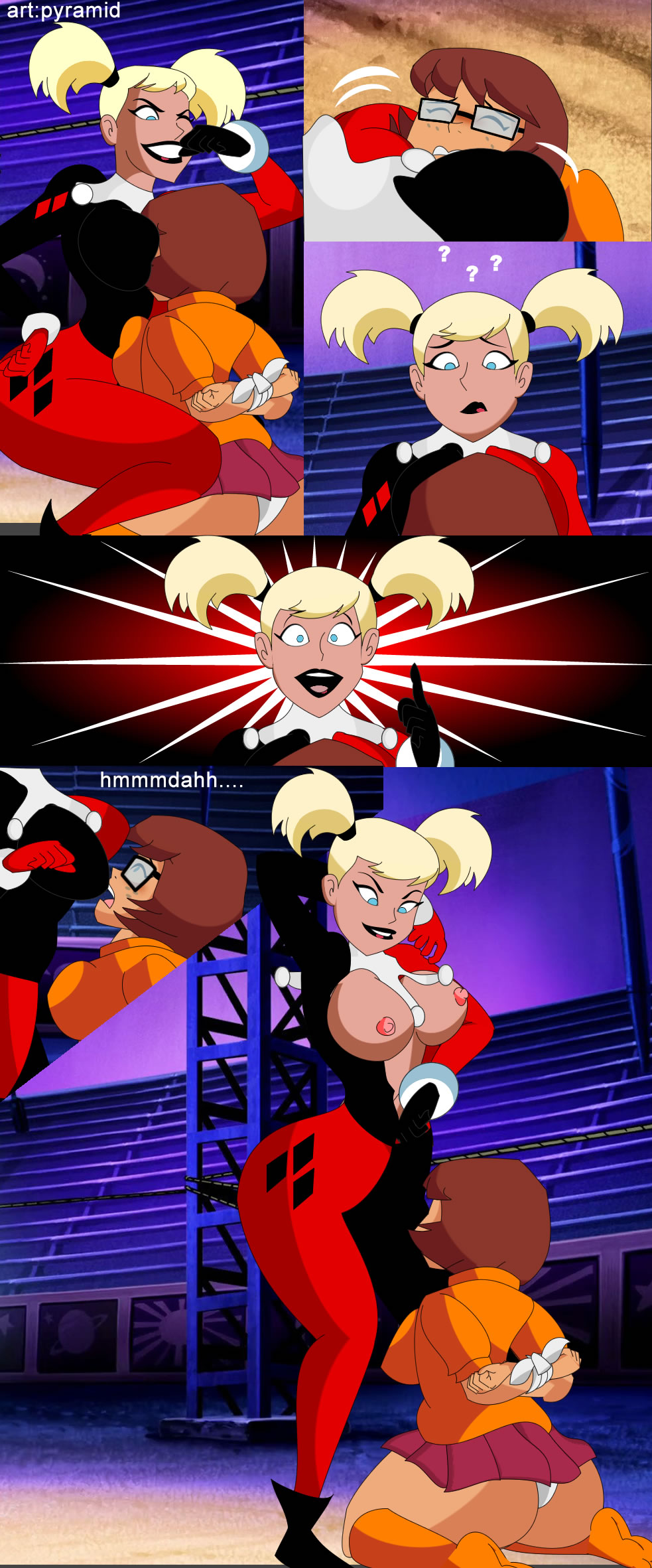 2girls big_ass bondage bouncing_breasts breast_press breast_sucking comic crossover dc_universe glasses harley_quinn pyramid_(artist) scooby-doo slave suffocated velma_dinkley yuri