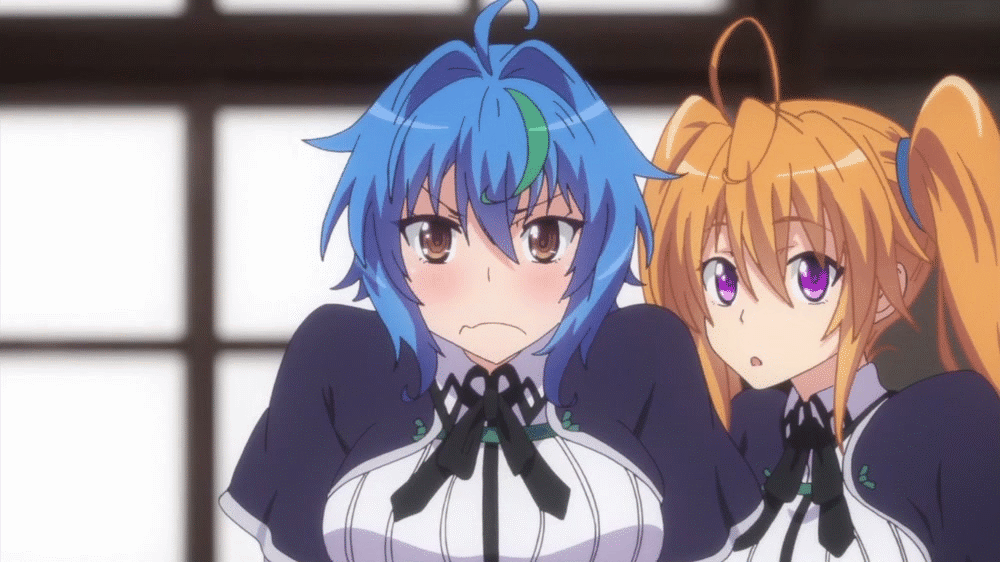 2010s 2girls ahoge areola big_breasts blue_hair bounce bouncing_breasts breasts gif high_school_dxd high_school_dxd_hero indoors large_filesize looking_at_viewer multicolored_hair multiple_girls nipples orange_hair passione_(company) purple_eyes school_uniform screen_capture shidou_irina two-tone_hair undressing uno_makoto xenovia
