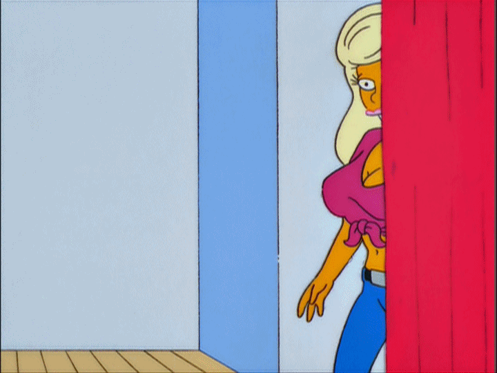 big_breasts breasts cleavage gif grin jeans midriff pose smile the_simpsons tied_shirt titania_(the_simpsons)