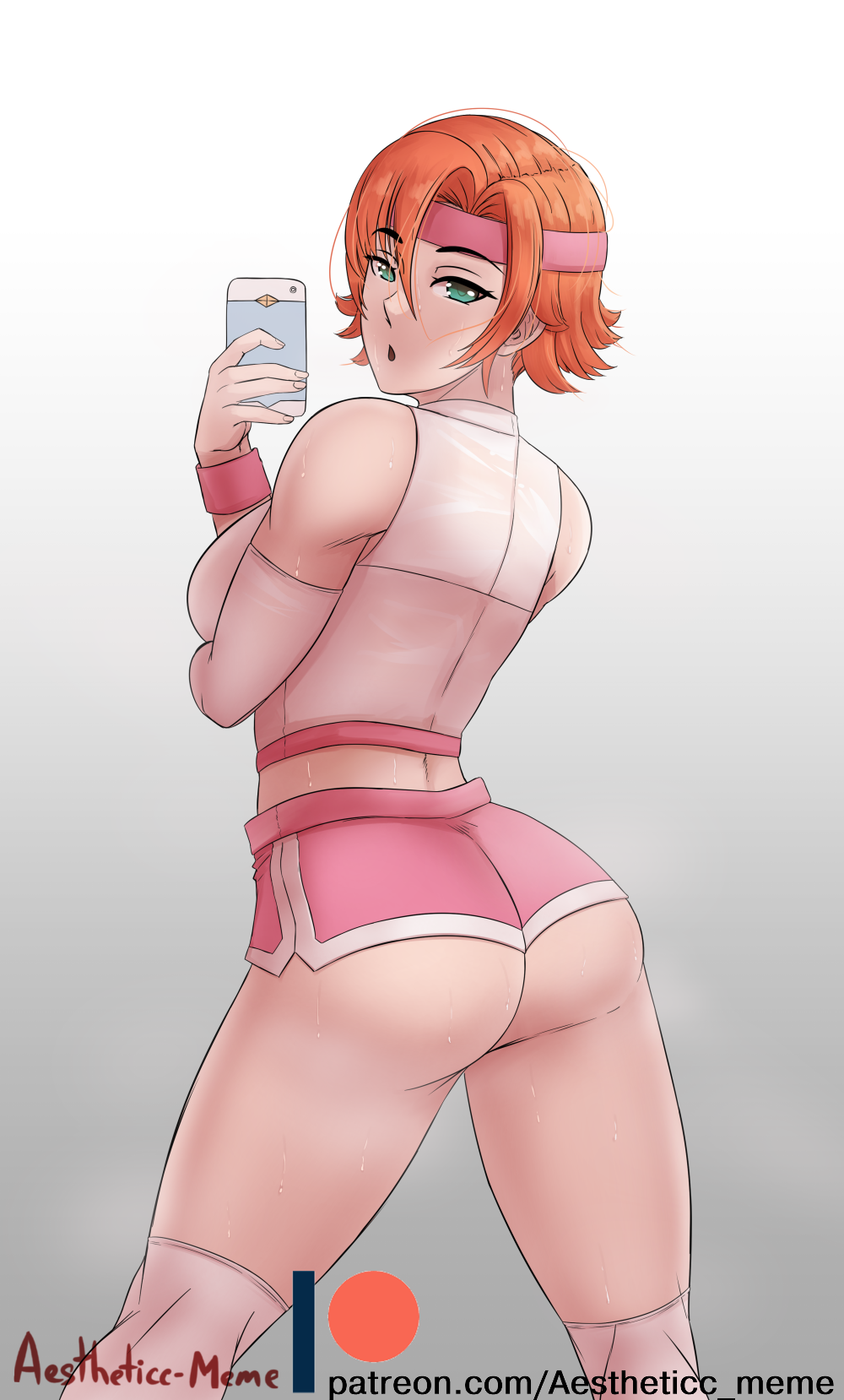 1girl 1girl 1girl aestheticc-meme ass bare_shoulders big_breasts breasts cellphone from_behind green_eyes headband high_resolution knee_socks nora_valkyrie open_mouth orange_hair phone rwby short_hair short_shorts shorts sideboob simple_background sweat thighs