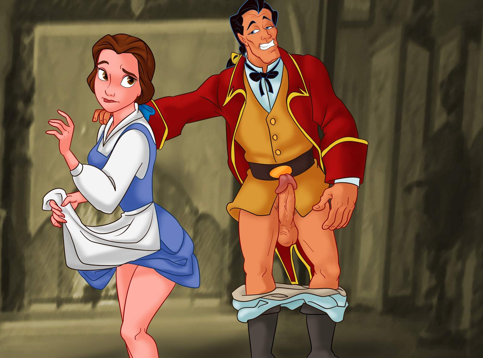 1boy 1girl beauty_and_the_beast disney dress erection gaston male partially_clothed princess_belle titflaviy