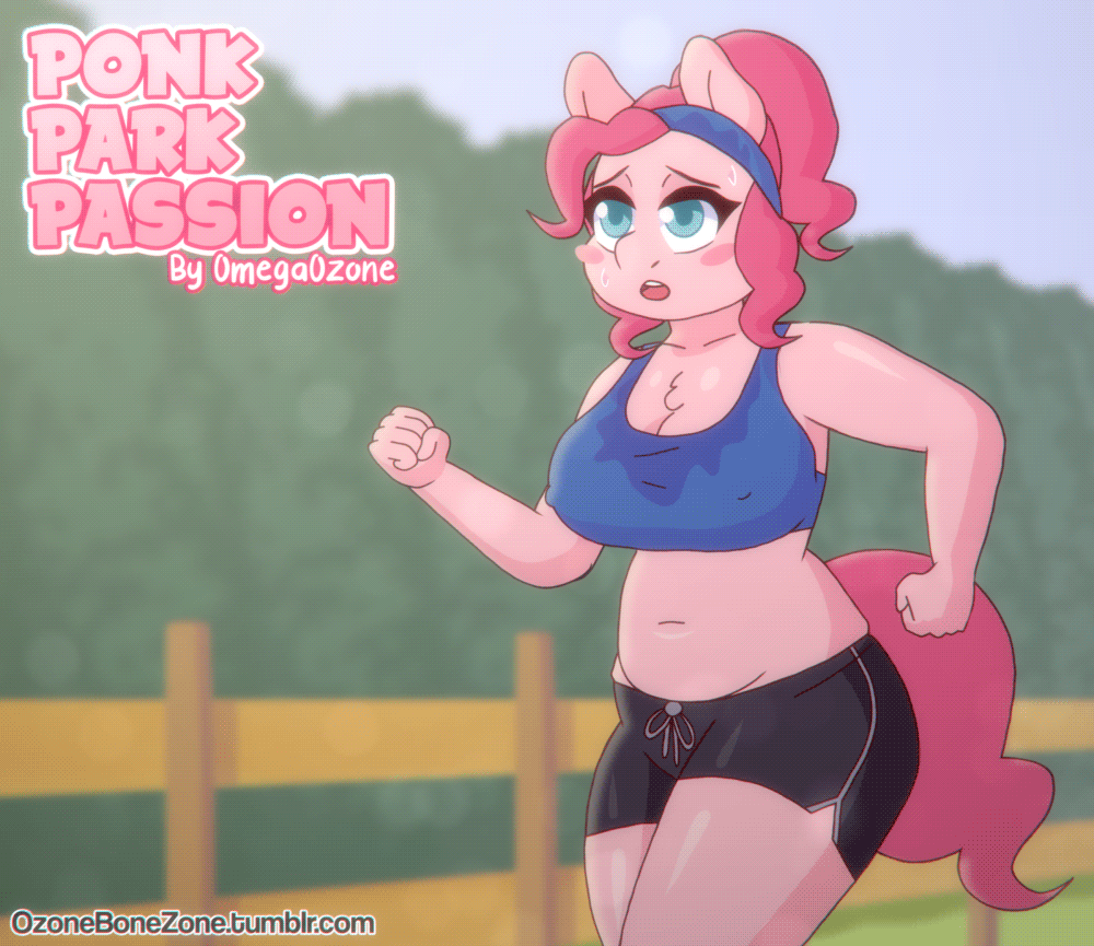 1girl 2018 anthro blue_eyes blush_sticker clothing earth_pony english_text equine fence friendship_is_magic furry gif hair horse jogging mammal my_little_pony nipple_bulge omegaozone open_mouth outside pink_hair pinkie_pie pony sweat text url