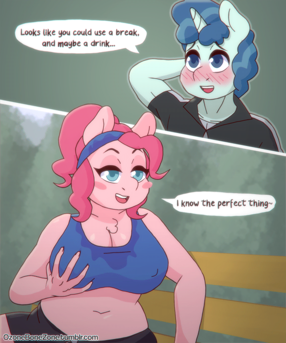 1girl 2018 anthro blue_eyes blue_hair blush blush_sticker breasts clothing dialogue duo earth_pony english_text equine friendship_is_magic furry gif hair hand_behind_head holding_breast horn horse mammal my_little_pony nipple_bulge omegaozone open_mouth outside party_favor pink_hair pinkie_pie pony speech_bubble text unicorn url