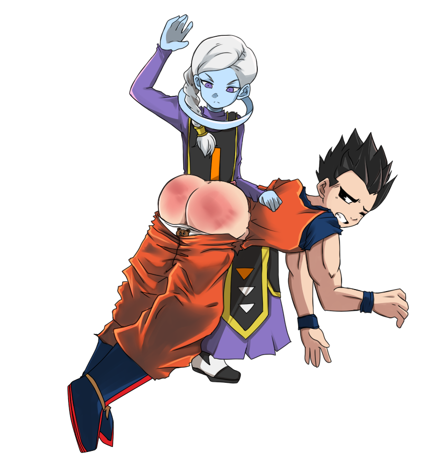 1boy 1girl 1girl angel ass black_hair blue_skin butt_crack cus discipline domination dragon_ball dragon_ball_super dragon_ball_z embarrassed femdom floating handprint humiliation larger_male male malesub over_the_knee pants_down punishment red_ass size_difference smaller_female son_gohan spanked spanking white_hair