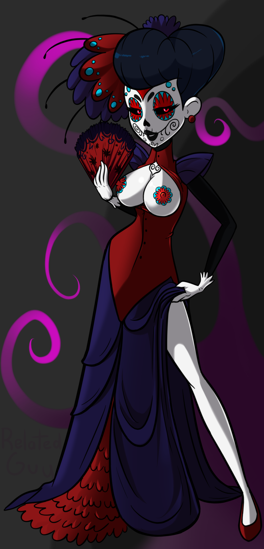 1_girl 1girl breasts breasts_out_of_clothes catalina_la_catrina clothed dia_de_los_muertos dress dress_lift dress_lifted_by_self exposed_breasts face_paint female female_only legend_quest looking_at_viewer red_eyes relatedguy solo standing white_skin