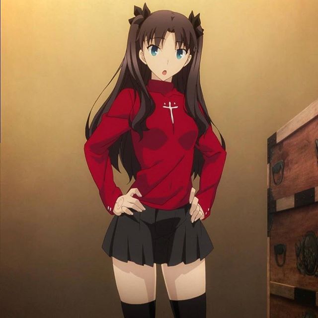 1girl :o anime aqua_eyes black_hair black_legwear black_ribbon black_skirt brown_hair fate/stay_night fate_(series) hair_ribbon hand_on_hip hands_on_hips indoors long_hair long_sleeves looking_at_viewer open_mouth pleated_skirt ribbon rin_tohsaka skirt standing stockings sweater two_side_up type-moon