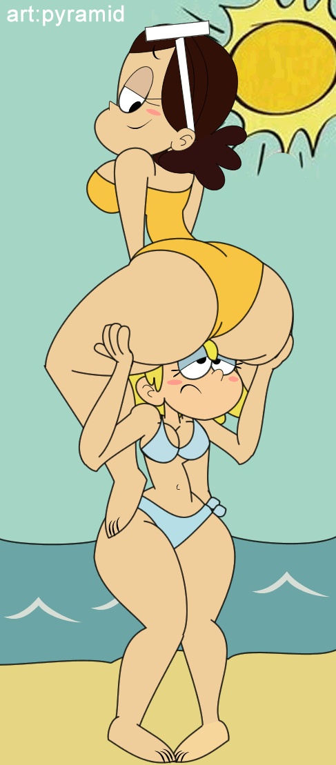 animated beach bikini bouncing_ass breasts carrying dat_ass female_only gif hands_on_ass lori_loud pyramid_(artist) sitting_on_person swimsuit the_loud_house thicc_qt yuri