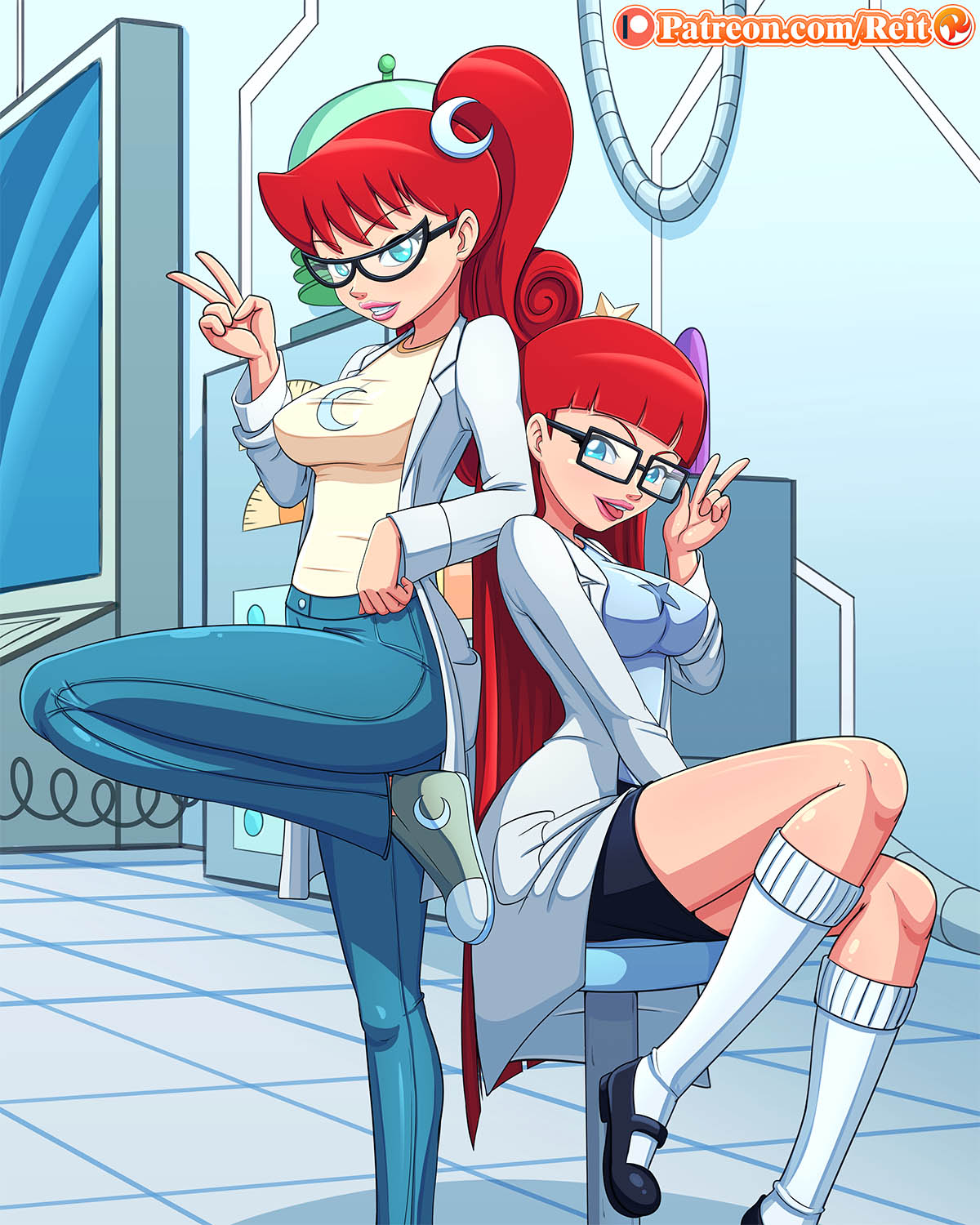 2_girls 2girls big_breasts breasts clothed female glasses indoors johnny_test labcoat long_hair looking_at_viewer mary_test red_hair reit sisters smile susan_test v