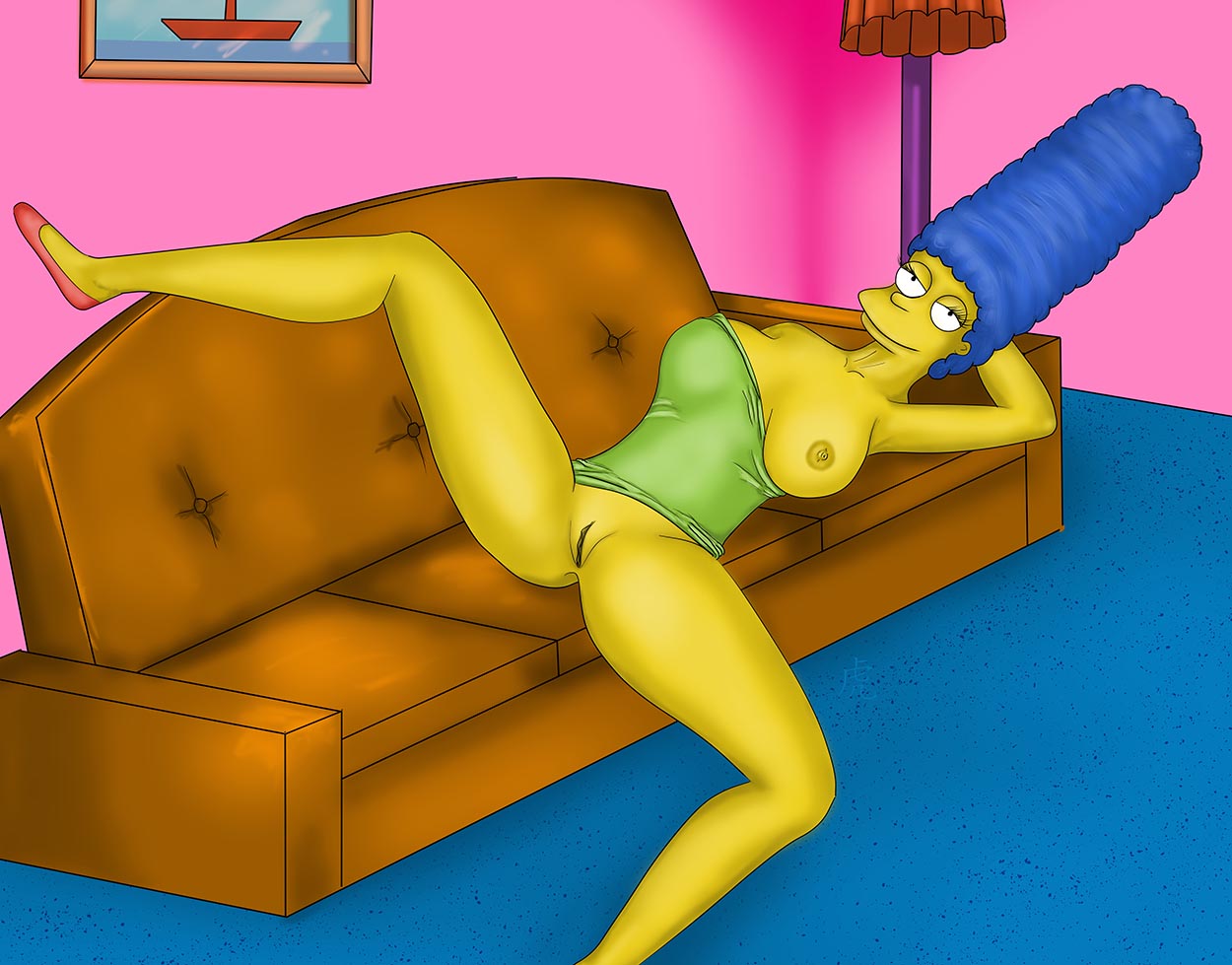 1girl big_breasts breasts cartoon fanart marge_simpson pussy pussy_lips the_simpsons