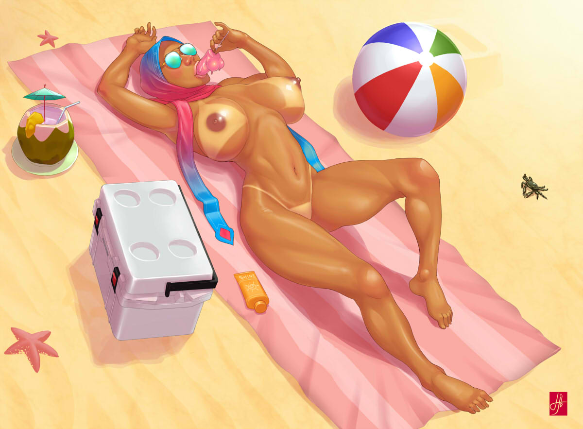 arabian beach beach_ball big_breasts dark_skin hijabolic ice_cream laying licking nipples nude sunbathing sunglasses sweets tan tan_line tan_line