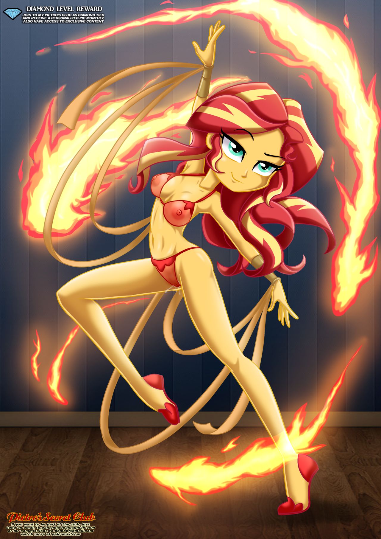 1girl bbmbbf bra breasts equestria_girls equestria_untamed female female_human friendship_is_magic mostly_nude my_little_pony palcomix panties red_bra red_panties see-through_bra sunset_shimmer sunset_shimmer_(eg) two-tone_hair