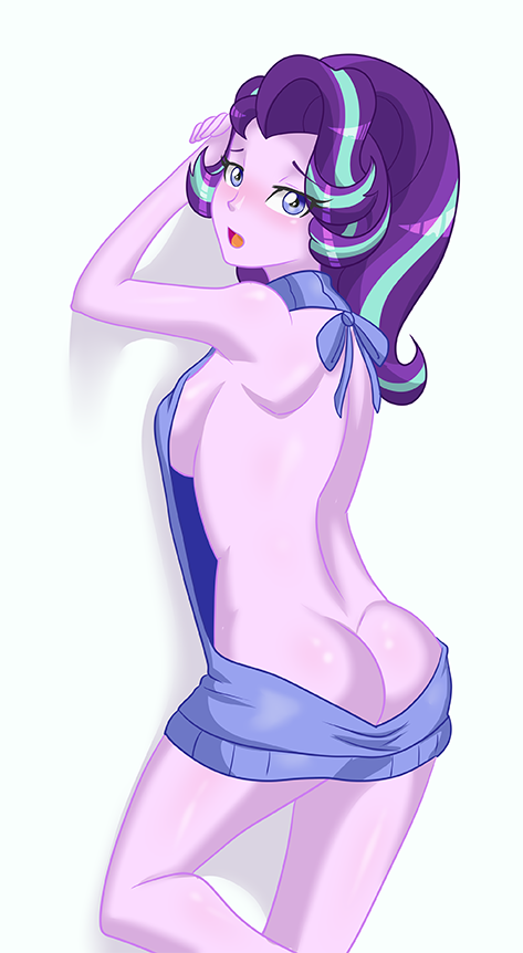 1girl ass female friendship_is_magic humanized looking_at_viewer my_little_pony no_bra no_panties starlight_glimmer starlight_glimmer_(mlp) virgin_killer_sweater white_background