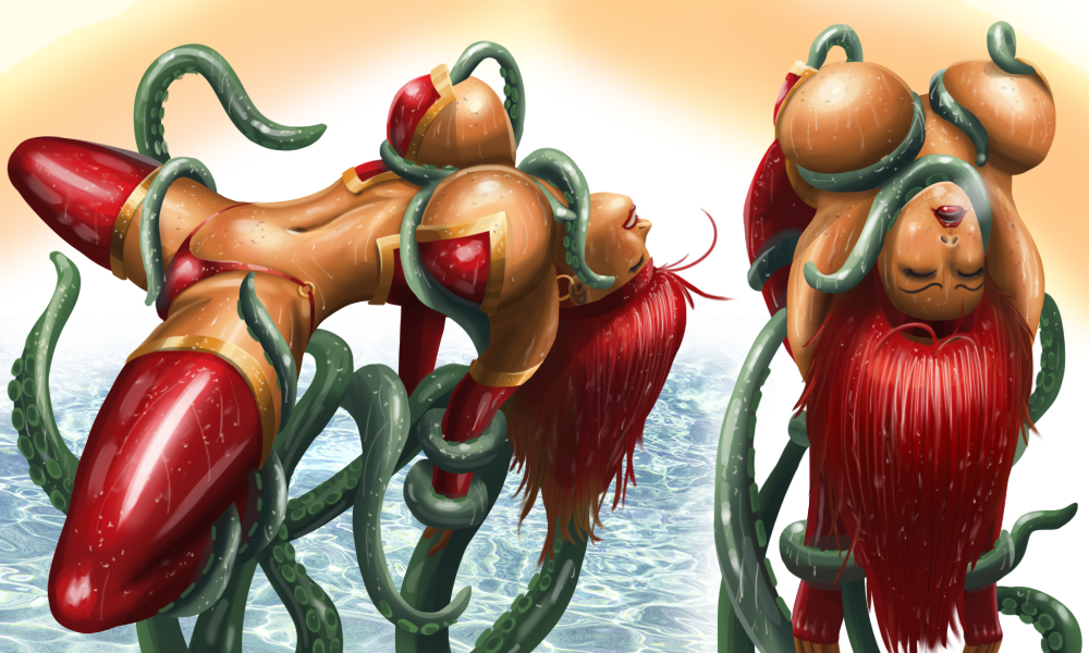 1girl character_request closed_eyes copyright_request female large_breasts latex open_mouth panties red_hair stockings svoidist_(artist) teeth tentacle tentacles unconscious