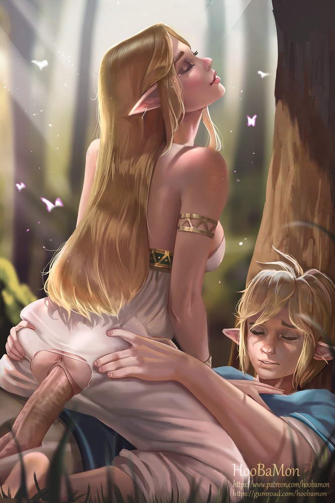 1boy 1girl big_breasts breath_of_the_wild elf_ears forest girl_on_top hoobamon link link_(breath_of_the_wild) milf_vs_boy outdoor_sex penis princess_zelda pussy sex the_legend_of_zelda torn_clothes vaginal vaginal_penetration white_dress