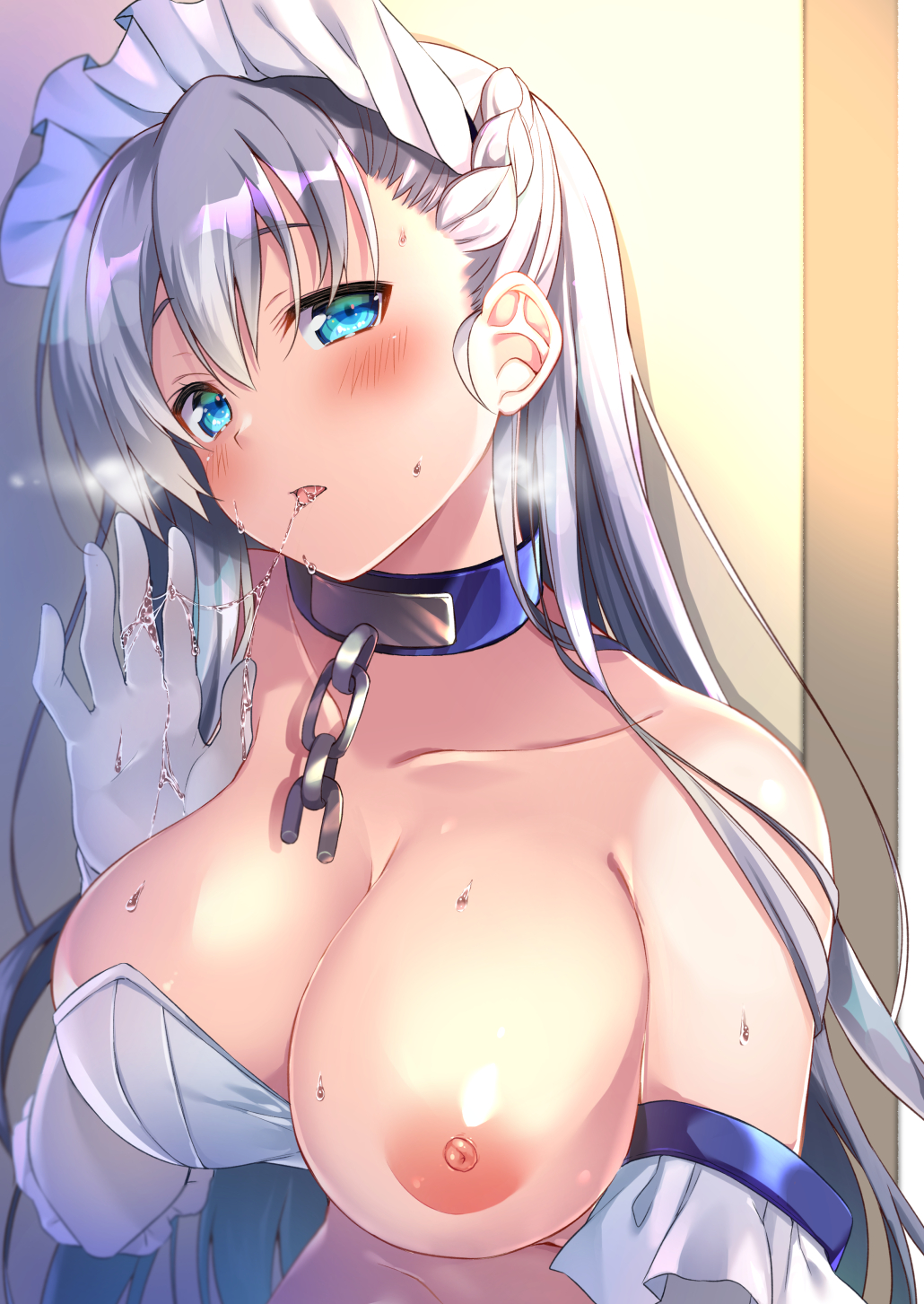 1girl 1girl 1girl areola azur_lane bangs bare_shoulders belfast_(azur_lane) big_breasts blue_eyes blush braid breast_slip breasts chain clavicle cleavage collar dress_pull elbow_gloves eyebrows_visible_through_hair french_braid frilled_gloves frills gloves head_tilt high_resolution kaniya_shiku long_hair looking_at_viewer maid maid_headdress nipples one_breast_out_of_clothes semen semen_on_body semen_on_upper_body semen_string shiny shiny_skin sidelocks silver_hair steam sweat tied_hair white_gloves