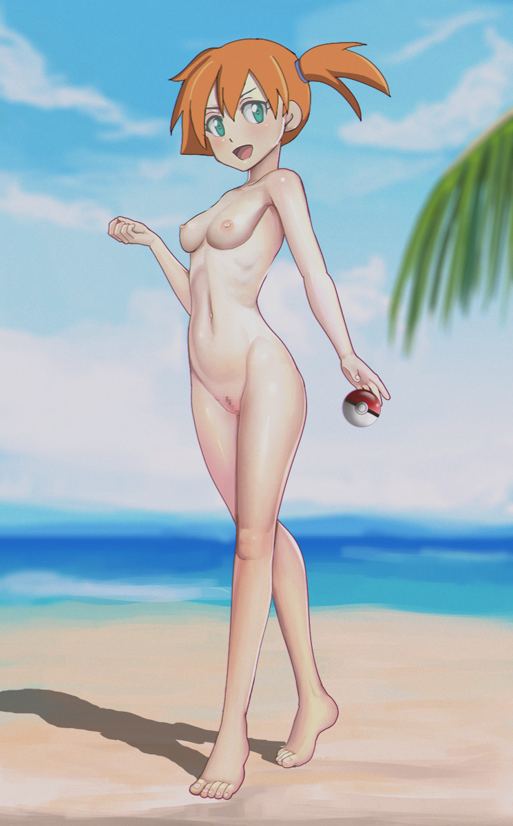 1girl aqua_eyes areola armad asymmetrical_hair barefoot beach blue_sky blush breasts censored cloud completely_nude day erect_nipples feet full_body hair_tie hand_up high_resolution hips knees legs looking_at_viewer midriff misty mosaic_censoring navel nintendo nipples nude ocean open_mouth orange_hair outside palm_tree pokemon ponytail pussy ribs shiny shiny_skin short_hair side_ponytail sky small_breasts smile socks standing tied_hair tree water