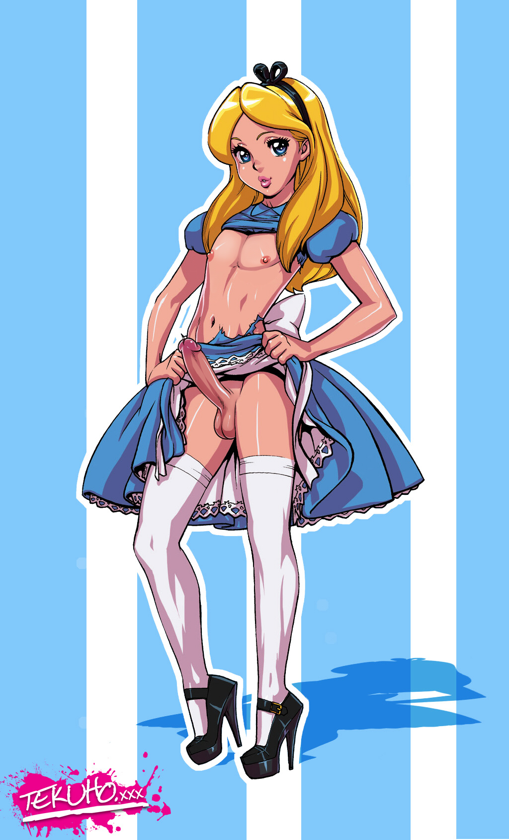 alice alice_in_wonderland areolae big_penis big_testicles disney femboy girly male nipples penis solo tekuho_(artist) testicles torn_clothes trap