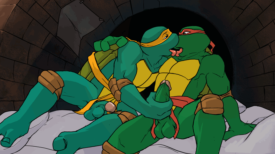 arm_around_shoulder brothers cum ejaculation french_kiss gif hammytoy hand_on_shoulder handjob incest kissing making_out michelangelo penis raphael sewer teenage_mutant_ninja_turtles testicles yaoi