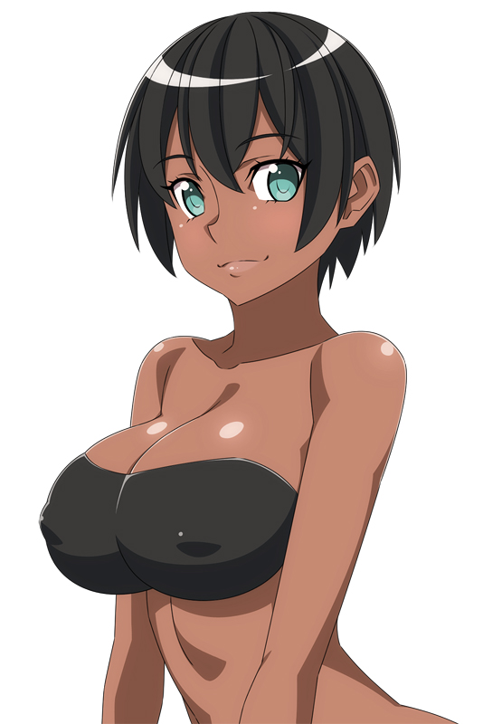 1girl :3 aqua_eyes arm arms arms_at_sides bandeau bare_arms bare_shoulders big_breasts black_hair black_tubetop blush breasts cleavage closed_mouth collarbone dark-skinned_female erect_nipples eyebrows_visible_through_hair hair_between_eyes hentai lips looking_at_viewer midriff neck original ra-pen shiny shiny_hair shiny_skin short_hair smile strapless tubetop upper_body white_background