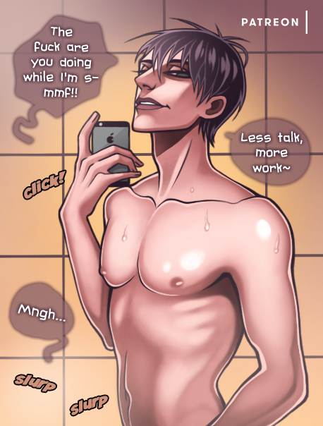19_days 2018 dark_hair he_tian looking_at_viewer male_only muscle nipples nude nude_male patreon phone selfpic sholto_oxenstierna smile solo_focus standing teen wet yaoi
