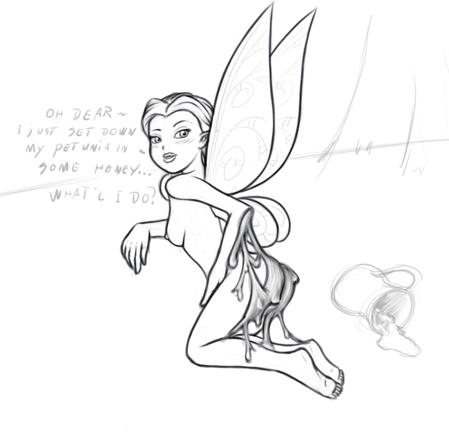 1girl disney disney_fairies english_text fairy fairy_wings female monochrome nude rosetta sideboob uselessboy_(artist) wings