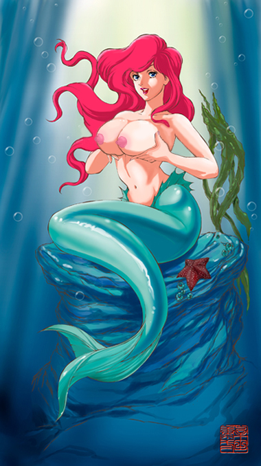 big_breasts disney edit holding_breasts mermaid patreon_reward princess_ariel red_hair shinkaigyo the_little_mermaid