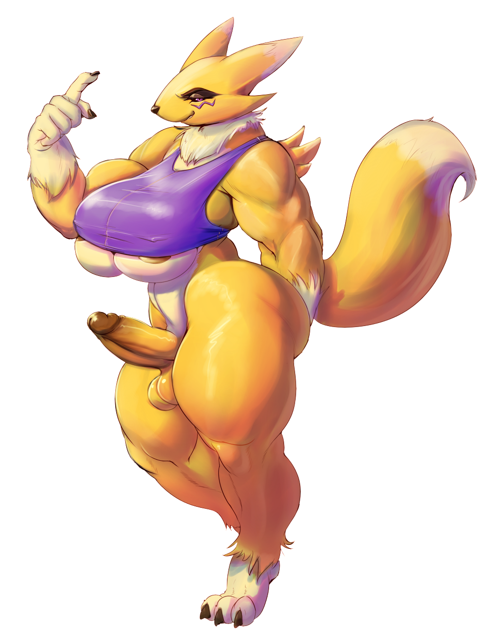 1girl 2018 anthro areola ass black_sclera bottomless breasts canine claws clothed clothing digimon digimon_(species) erection eyelashes fur furry futanari half-closed_eyes humanoid_penis large_ass looking_at_viewer mammal msvondran muscular neck_tuft nipple_bulge penis purple_eyes renamon shirt smile smirk standing tank_top testicles thick_thighs tight_clothing toe_claws tuft under_boob white_fur yellow_fur