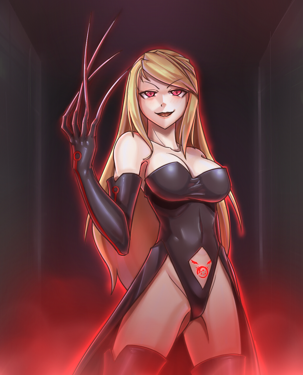 1girl big_breasts blonde_hair breasts cleavage corruption female female_only fullmetal_alchemist leebigtree lust lust_(fullmetal_alchemist) nails possession red_eyes solo weapon winry_rockbell yellow_hair