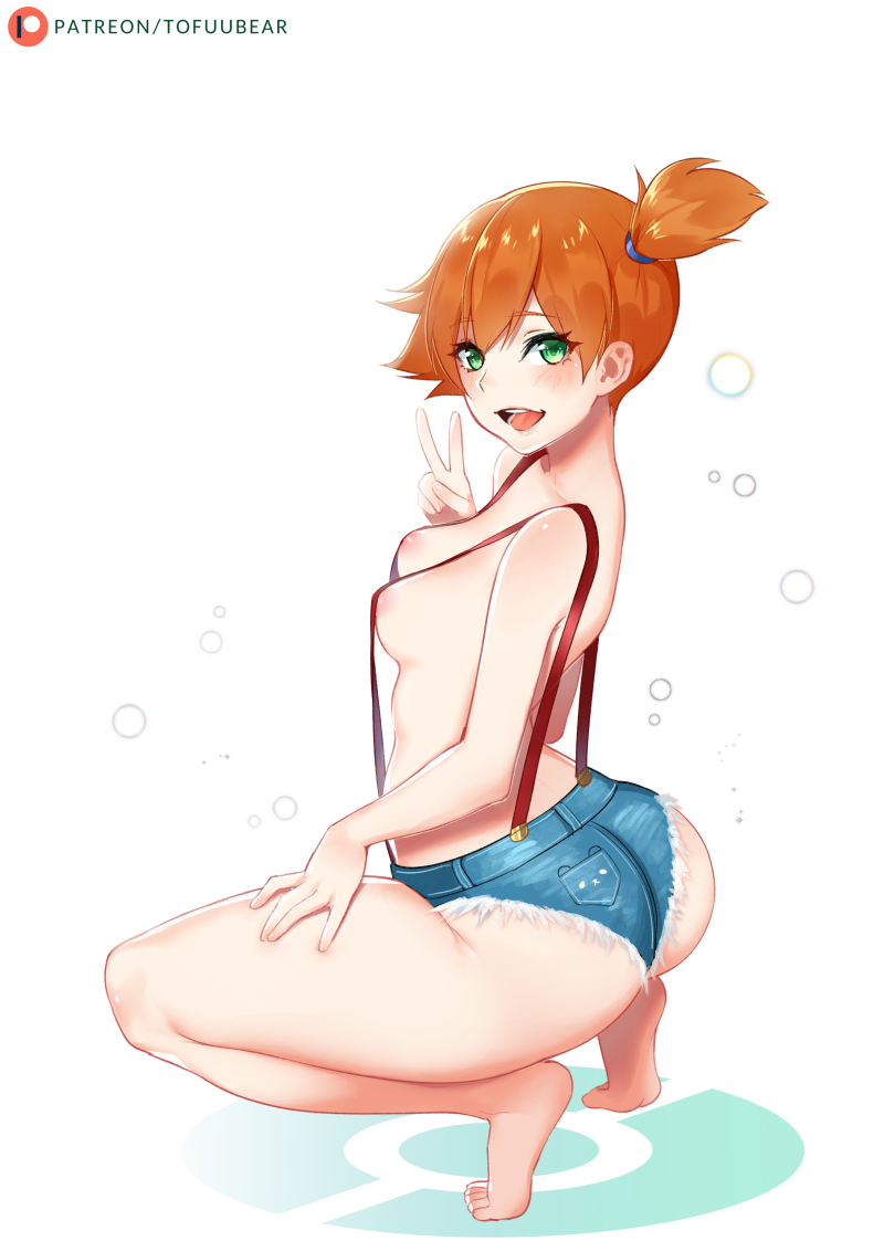 1girl areola areola_slip ass asymmetrical_hair barefoot blush breasts denim denim_shorts feet female female_only green_eyes light_blush looking_at_viewer looking_back misty no_shirt open_mouth orange_hair pokemon pokemon_(anime) ponytail shiny shiny_skin short_shorts shorts side_ponytail simple_background small_breasts smile soles solo squatting suspender_shorts suspenders tied_hair toes tofuubear v