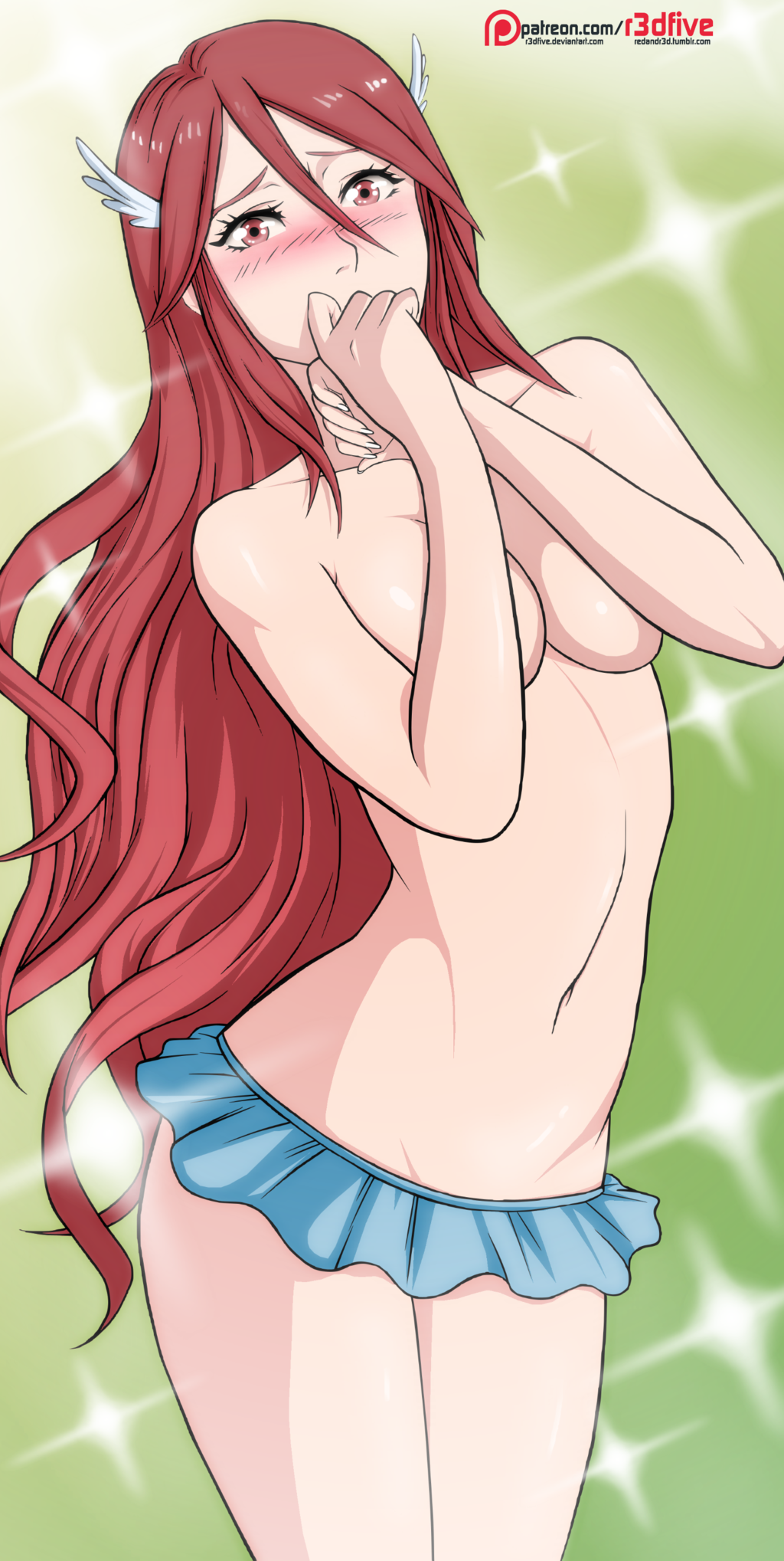 1girl 1girl blush breasts cleavage covering embarrassed fire_emblem fire_emblem:_kakusei fire_emblem_heroes long_hair looking_at_viewer midriff navel nintendo no_bra r3dfive red_eyes red_hair small_breasts tagme tiamo topless very_long_hair