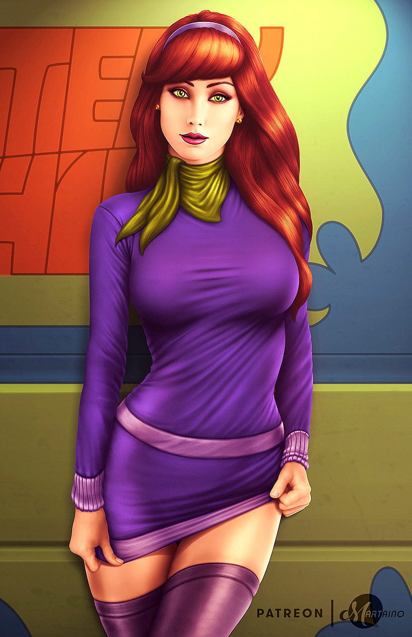 1girl daphne_blake dress female female_only flashing hairband looking_at_viewer martaino martaino_(artist) mystery_machine red_hair scooby-doo solo_female stockings thighs