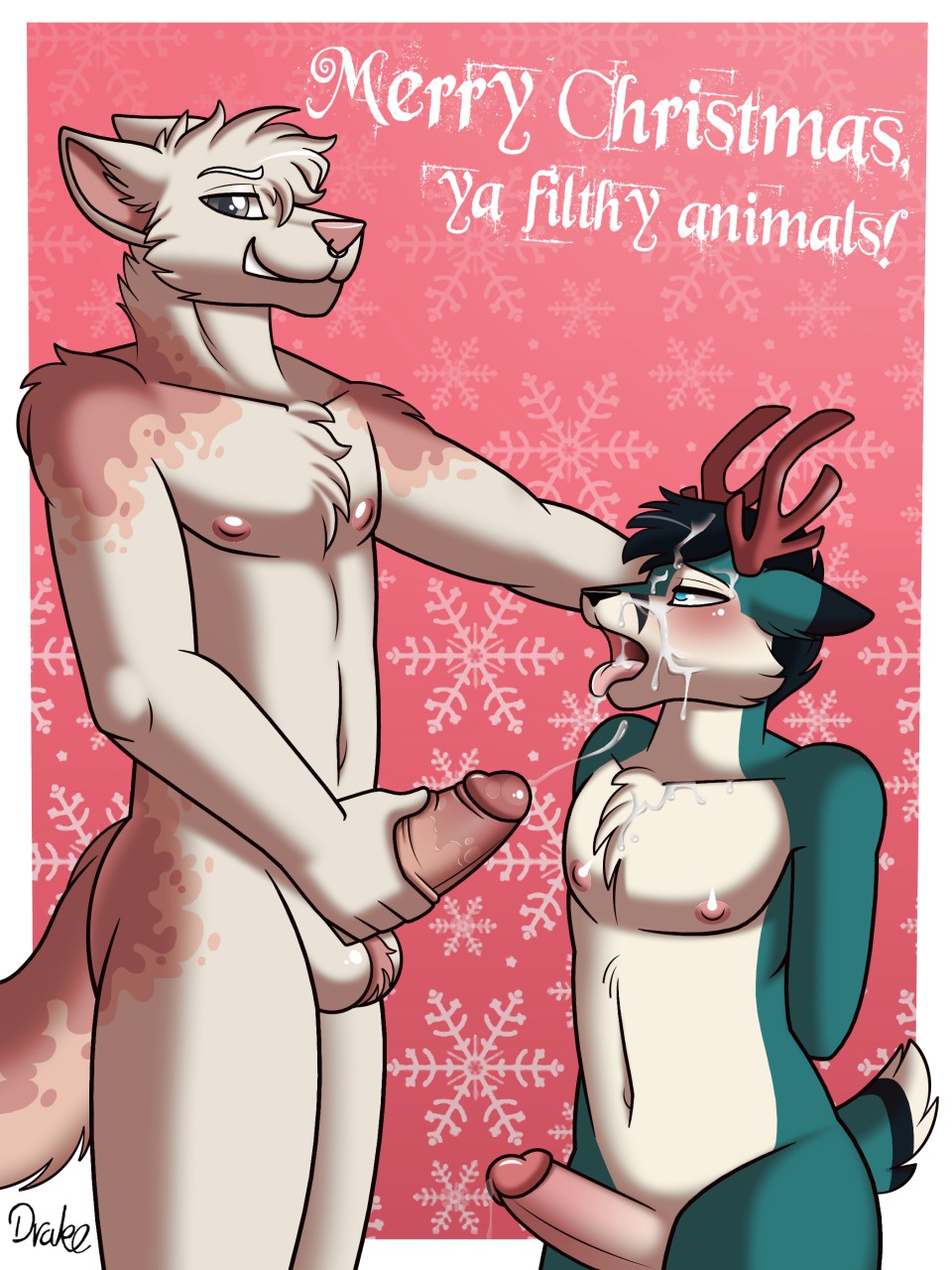 2016 animal_genitalia animal_penis anthro antlers blush canine christmas cum cum_on_chest cum_on_face cum_on_tongue cumshot digital_media_(artwork) dog drako1997 duo ejaculation erection facial_piercing fur furry highres holiday_message holidays horn humanoid_penis kneel looking_at_viewer male male/male mammal masturbation nipples nose_piercing nose_ring nude open_mouth orgasm penile_masturbation penis piercing sex smile testicles tongue tongue_out