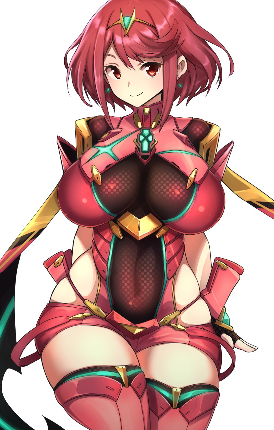 1girl alluring armor bangs big_breasts bodysuit breasts covered_navel curvy earrings hair_ornament hands_behind_back heroine hips homura_(xenoblade_2) hot_pants nuezou pyra red_eyes red_hair short_hair skindentation smile thigh_high_boots thighs wide_hips xenoblade xenoblade_(series) xenoblade_chronicles_2