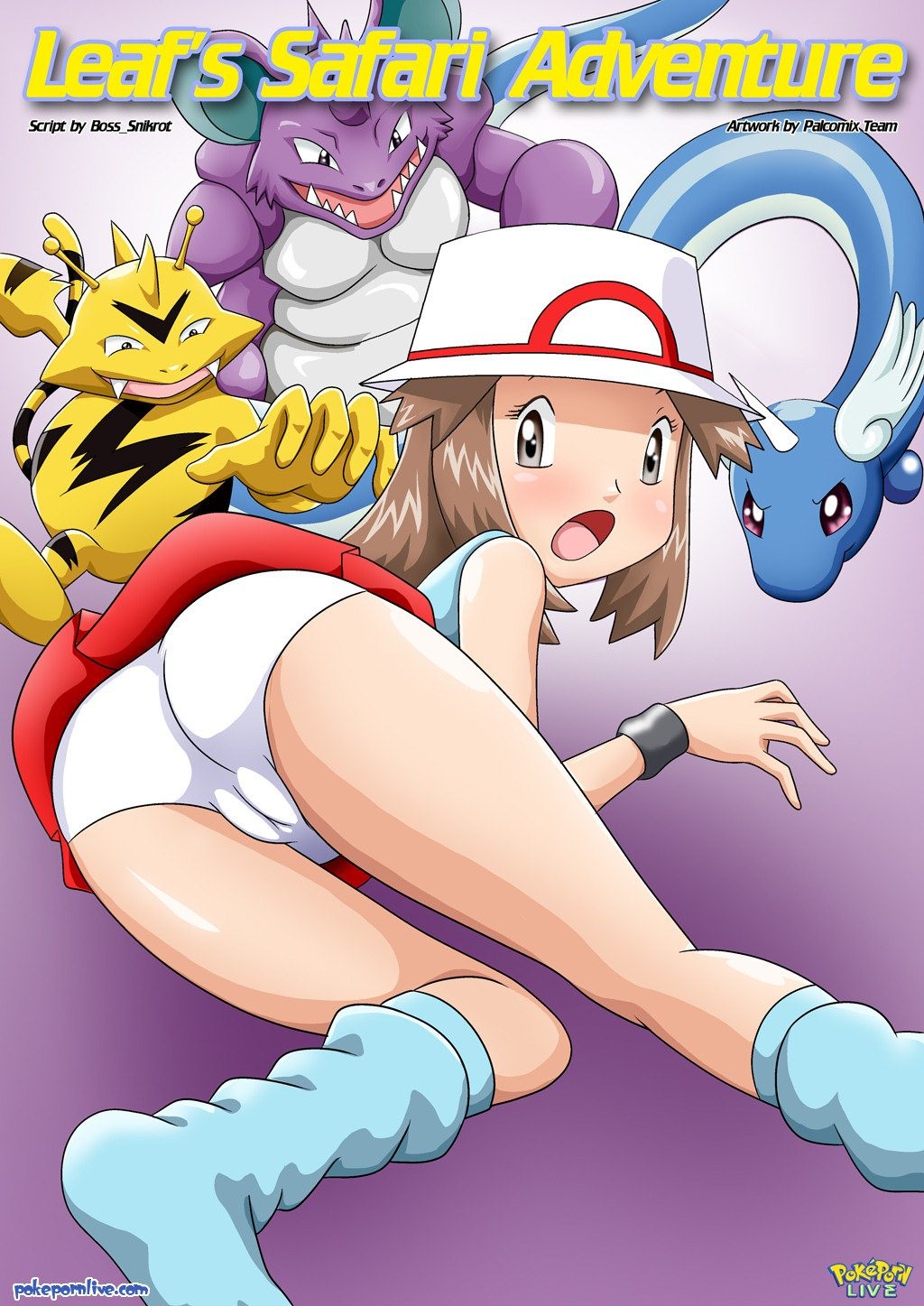 1girl ass cameltoe clothed cover_page female_human leaf's_safari_adventure leaf_(pokemon) looking_back nintendo palcomix panties pokemon pokepornlive red_skirt skirt surprised upskirt white_panties