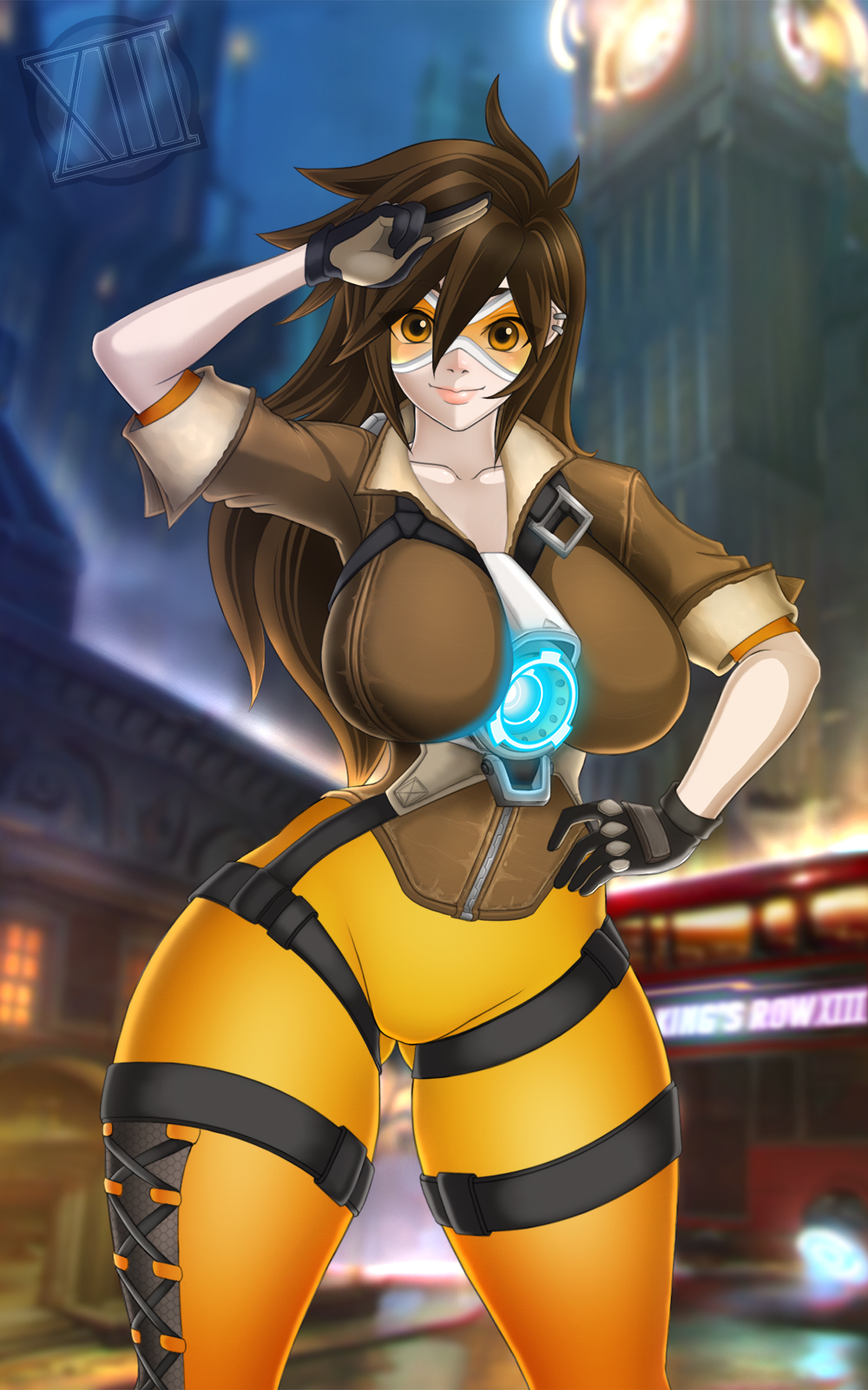 big_breasts breasts brown_eyes brown_hair female lena_oxton overwatch solo tracer_(overwatch) waifuholic
