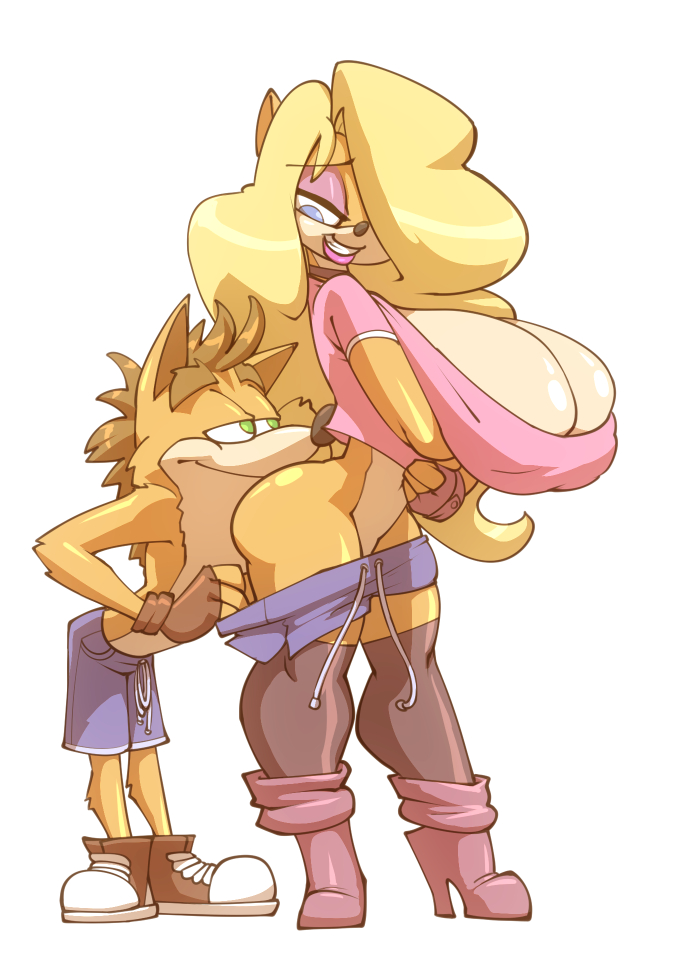 1girl anthro ass assisted_exposure bandicoot big_breasts bigdad breasts clothed clothing crash_bandicoot crash_bandicoot_(series) duo fingerless_gloves footwear furry gloves high_heels huge_breasts larger_female makeup male male/female mammal marsupial pants_down partially_clothed shoes size_difference smile standing tawna_bandicoot thick_thighs toony video_games voluptuous