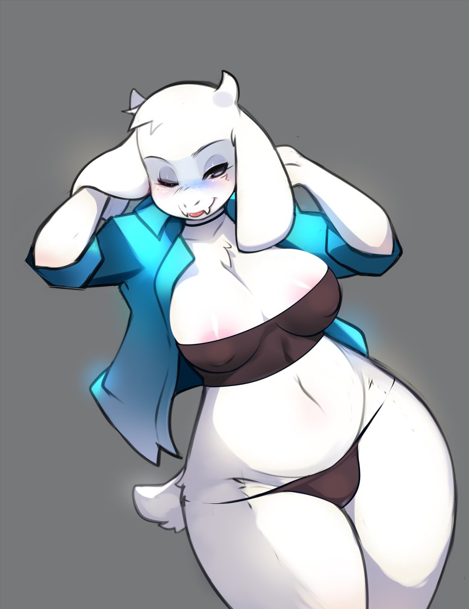 1girl 1girl anthro areola blush breasts caprine clothed clothing fur furry grey_background horn jacket mammal navel nipple_bulge one_eye_closed simple_background thick_thighs toriel tsampikos undertale video_games voluptuous white_fur wide_hips