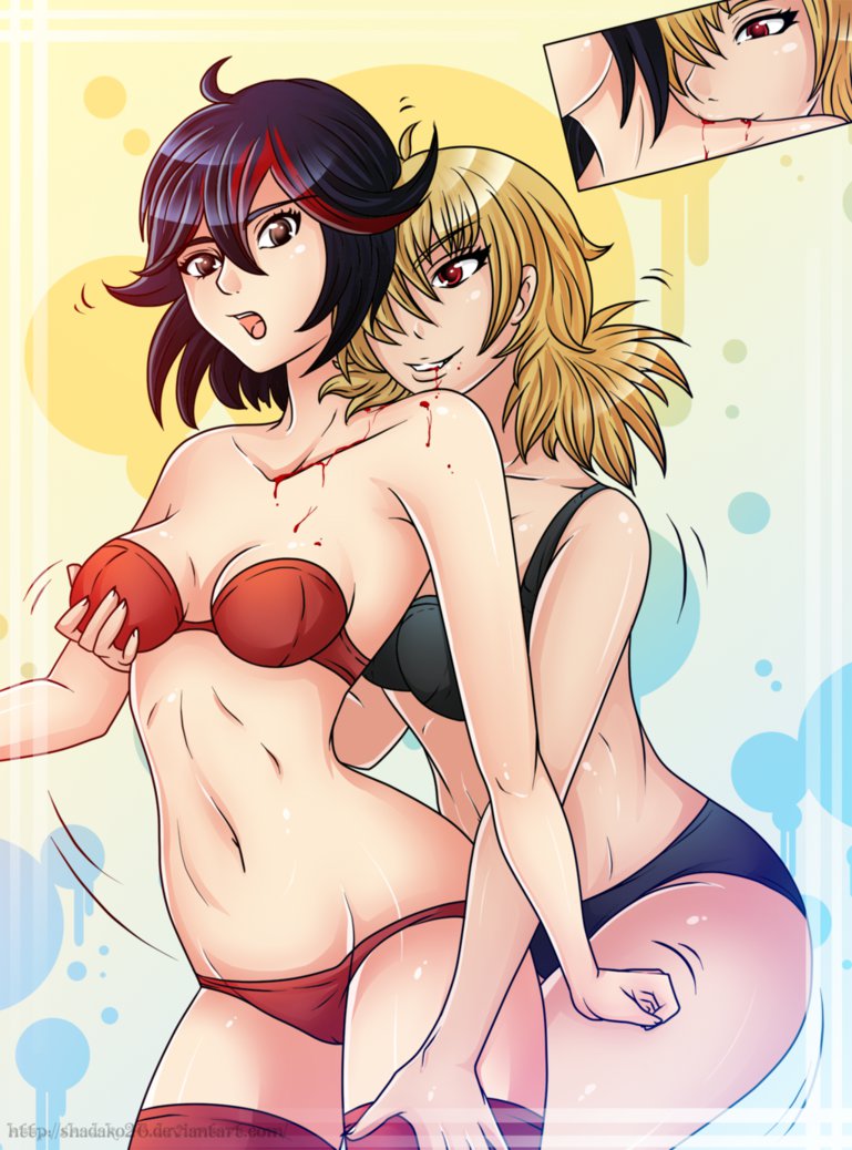 2_girls 2girls ahoge bare_arms bare_legs bare_shoulders black_bra black_eyes black_hair black_panties blonde_hair blood blood_on_body blood_on_face blood_on_mouth blood_sucking bra breast_grab breasts clenched_hand collarbone crossover evil_grin evil_smile female female_only from_behind grabbing grabbing_from_behind grin hair_between_eyes hair_over_one_eye half-closed_eyes hand_on_another's_leg hand_on_leg hellsing human kill_la_kill legs lingerie looking_at_another looking_at_viewer matoi_ryuuko medium_breasts midriff moaning monster_girl multicolored_hair multiple_females multiple_girls navel neck open_mouth panties red_bra red_eyes red_hair red_legwear red_panties seras_victoria shadako26 shiny_hair short_hair smile standing stockings strapless strapless_bra trembling two-tone_hair two_tone_hair vampire yuri