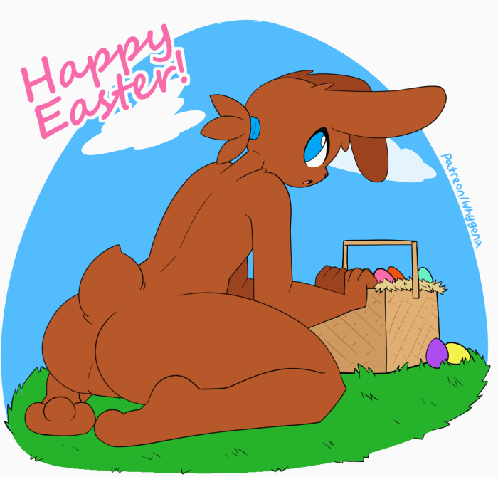 1boy 2018 3_fingers 3_toes ambiguous_gender anthro arched_back ass basket big_ass big_thighs biped black_nose blue_eyes bouncing_butt brown_fur brown_hair brown_tail butt_focus cloud digital_drawing_(artwork) digital_media_(artwork) easter easter_basket easter_egg egg english_text featureless_crotch floppy_ears fur furry gif girly grass hair holiday_message holidays humanoid_hands kneel lagomorph looking_back loop mammal nude open_mouth outside plantigrade ponytail presenting presenting_hindquarters rabbit rear_view short_tail sky snout soles text toes toony twerking url whygena