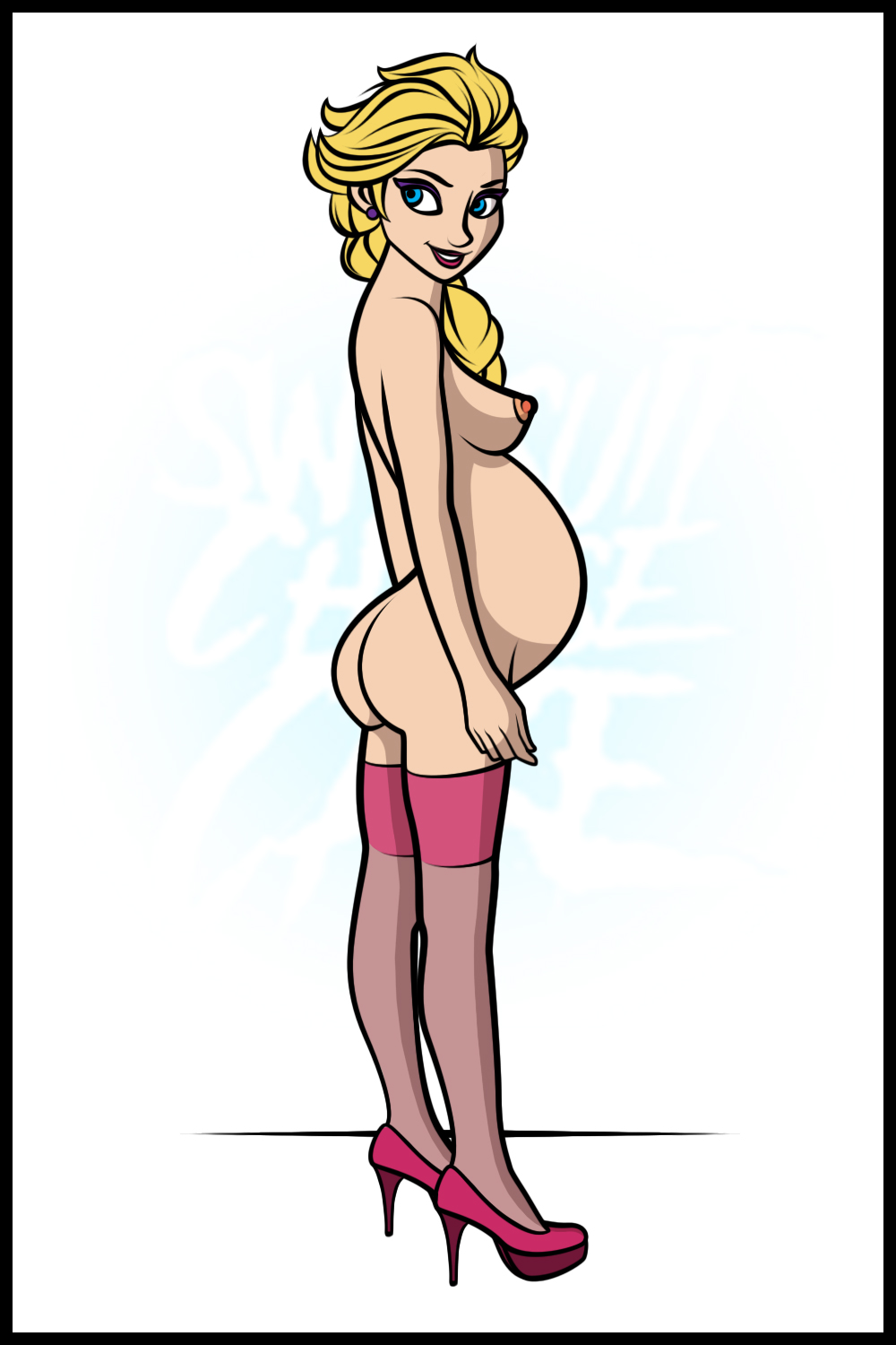 1girl ass blonde_hair braid elsa elsa_(frozen) female female_human female_only frozen_(movie) high_heels human mostly_nude no_bra no_panties pregnant pregnant_belly pregnant_female sideboob solo standing stockings swimsuitcheesecake