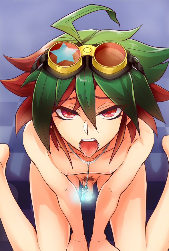 ahoge counterpart goggles goggles_on_head green_hair jewelry male multicolored_hair necklace nipples nude open_mouth penis pov pubic_hair red_eyes red_hair sitting tongue tongue_out wariza yu-gi-oh! yu-gi-oh!_arc-v yuya_sakaki